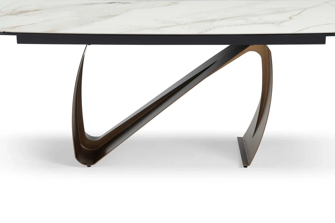 Lusso 180-260cm Italian Brushed Brass & Sunset Statuario Ceramic Marble Side Extending Dining Table With Milo Walnut Wooden Dining Chairs