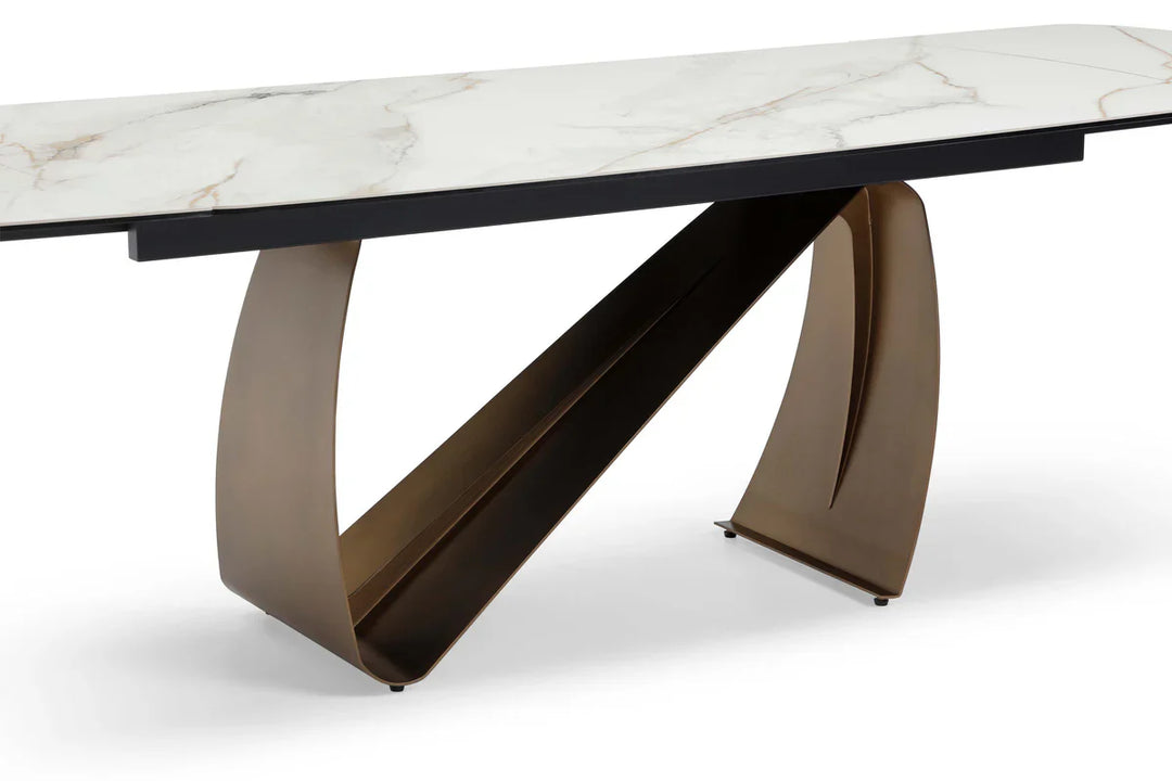 Lusso 180-260cm Italian Brushed Brass & Sunset Statuario Ceramic Marble Side Extending Dining Table