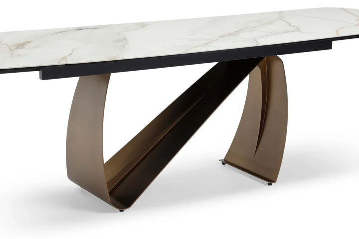 Lusso 180-260cm Italian Brushed Brass & Sunset Statuario Ceramic Marble Side Extending Dining Table