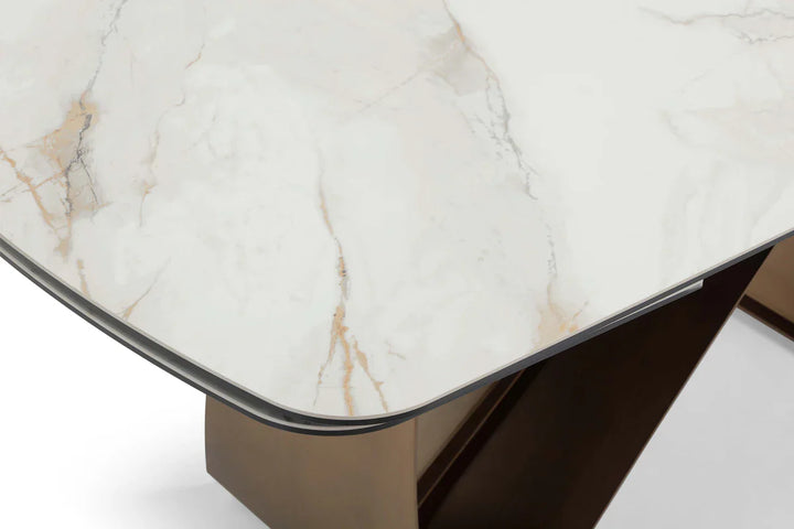 Lusso 180-260cm Italian Brushed Brass & Sunset Statuario Ceramic Marble Side Extending Dining Table With Milo Walnut Wooden Dining Chairs