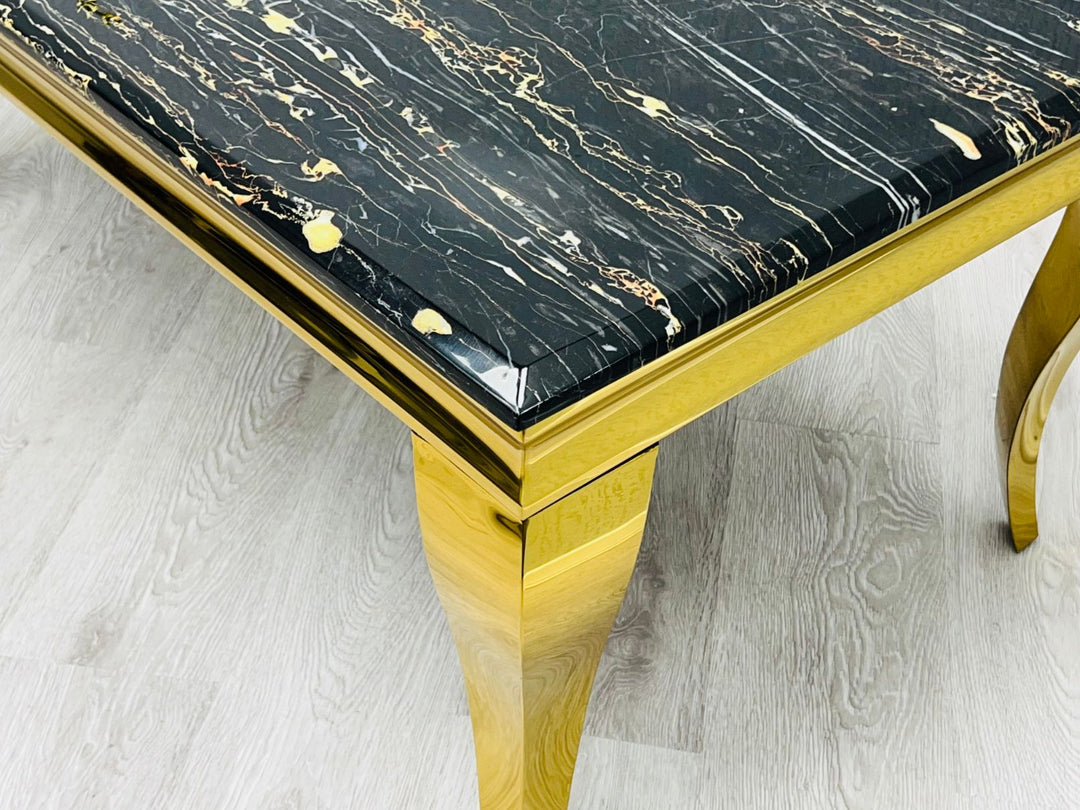 Louis Gold Black Marble Dining Table With Black/Gold Ring Quilted Knocker Dining Chairs