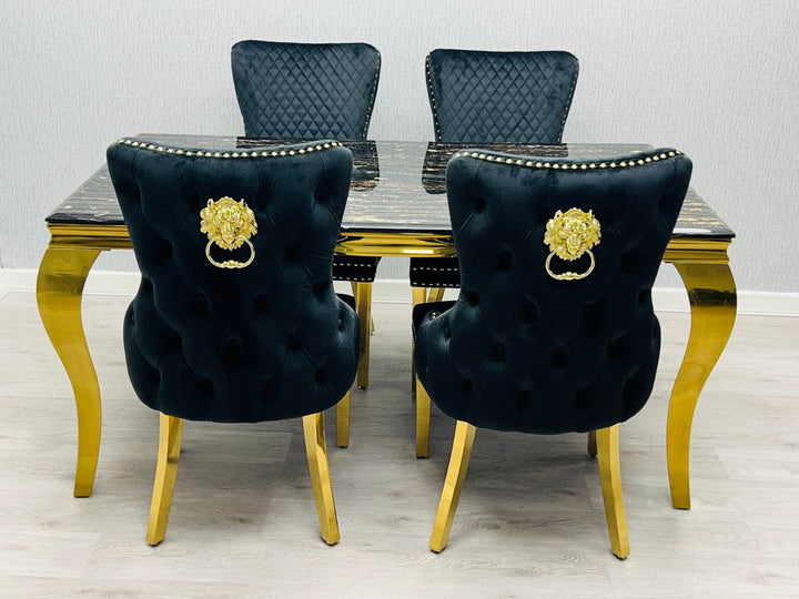 Louis 160cm Marble & Gold Dining Table With Victoria Gold Lion Knocker Velvet Chairs