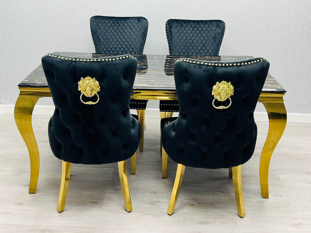 Louis Marble & Gold Dining Table With Victoria Gold Lion Knocker Velvet Chairs