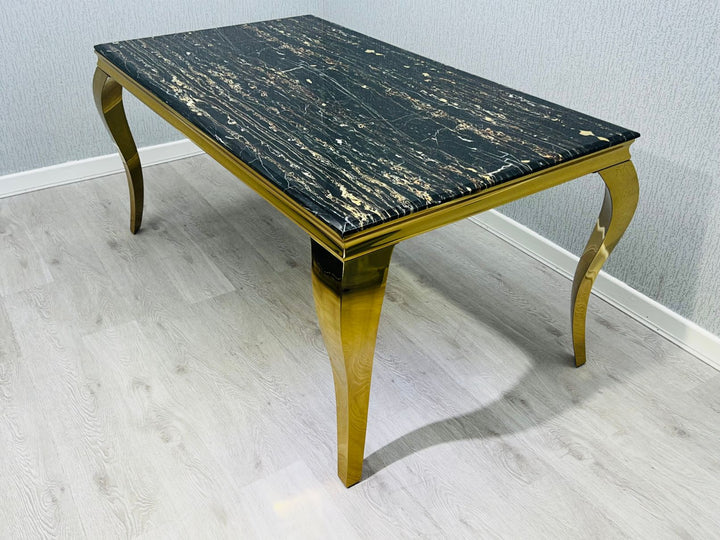 Louis 160cm Marble & Gold Dining Table With Victoria Gold Ring Knocker Velvet Chairs