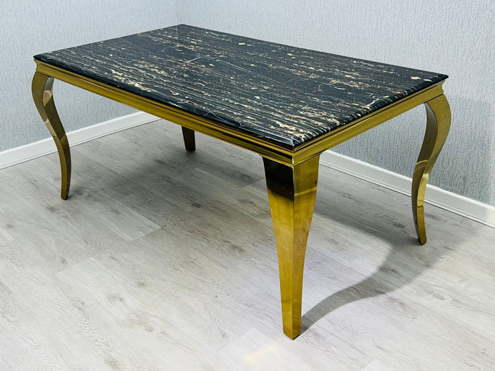 Louis Gold Black Marble Dining Table With Black/Gold Ring Quilted Knocker Dining Chairs