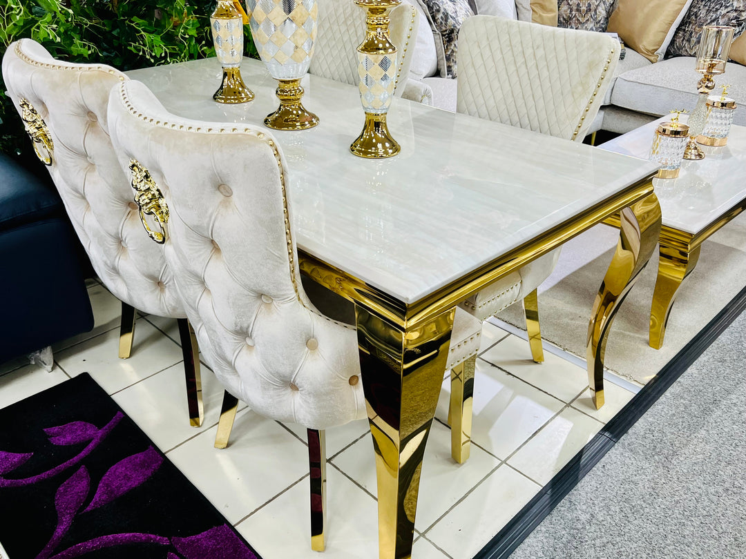 Louis Gold & Cream Marble Dining Table In 5 Sizes