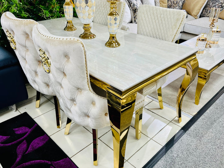 Louis Gold & Cream Marble Dining Table In 5 Sizes