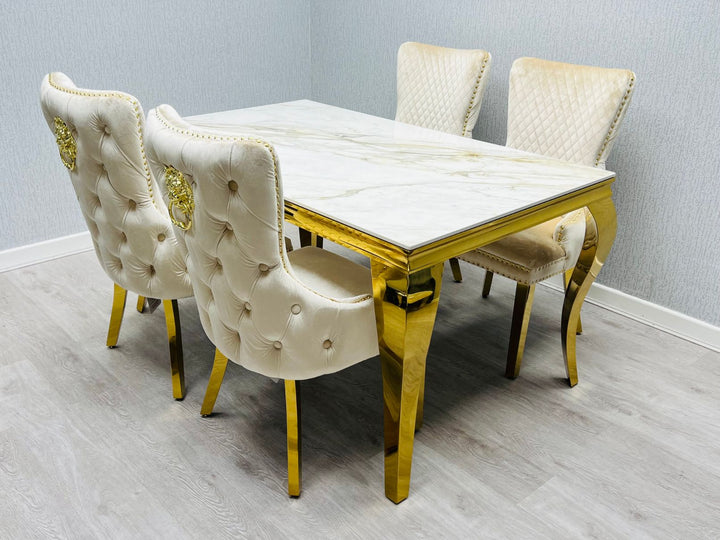 Louis Marble & Gold Dining Table With Valente Gold Button Lion Knocker Velvet Chairs