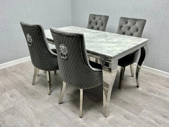 Louis 160cm Marble & Chrome Dining Table With Quilted Lion Knocker Velvet Chairs