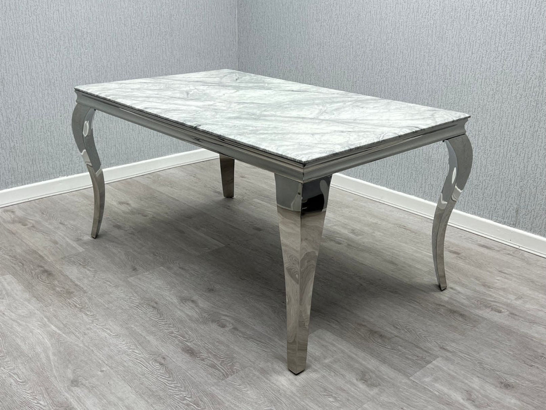 Louis Marble & Chrome Dining Table With Shimmer Valente Lion Knocker Chairs