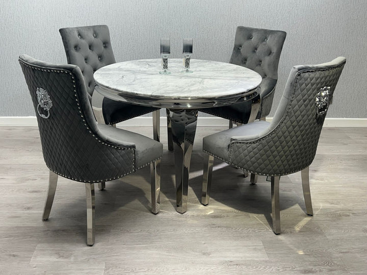 Louis Grey Round 110cm Marble Dining Table + Grey Lion Knocker Velvet Dining Chairs