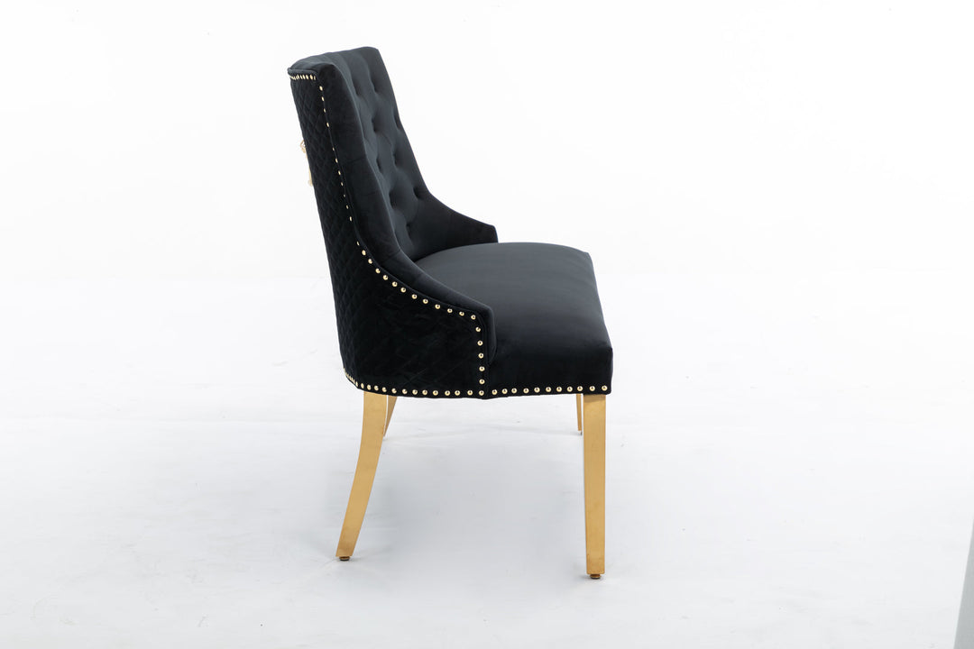 Majestic Gold Lion Knocker Quilted High Back Black Gold Plush Velvet 130cm Dining Bench