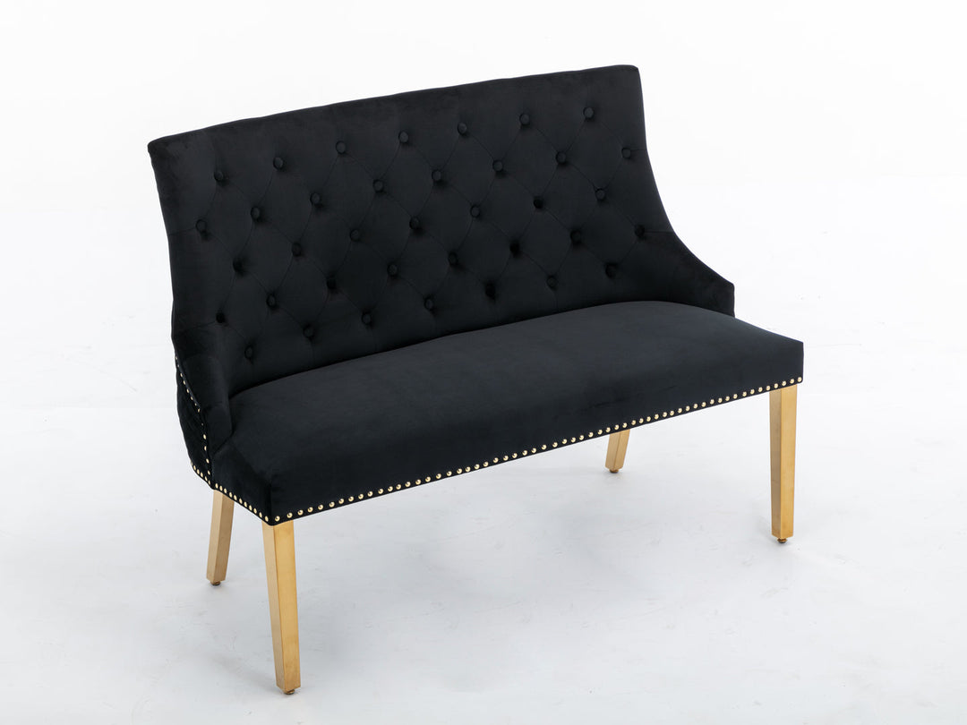 Majestic Gold Lion Knocker Quilted High Back Black Gold Plush Velvet 130cm Dining Bench