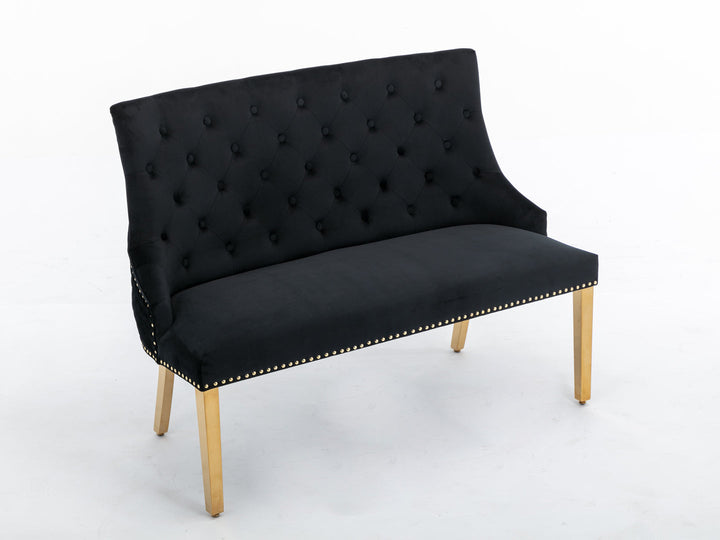 Majestic Gold Lion Knocker Quilted High Back Black Gold Plush Velvet 130cm Dining Bench
