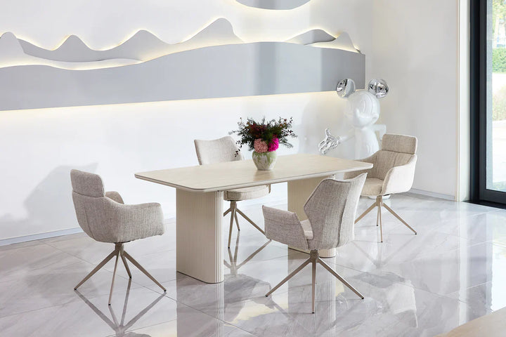Marlow 180cm Italian Satin Cream & Travertine Ceramic Marble Dining Table