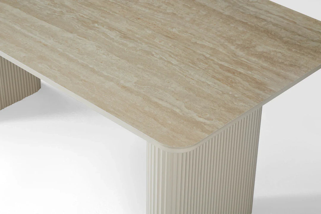 Marlow 180cm Italian Satin Cream & Travertine Ceramic Marble Dining Table