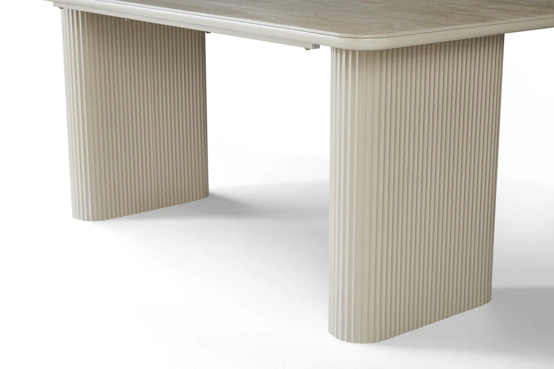 Marlow 180cm Italian Satin Cream & Travertine Ceramic Marble Dining Table