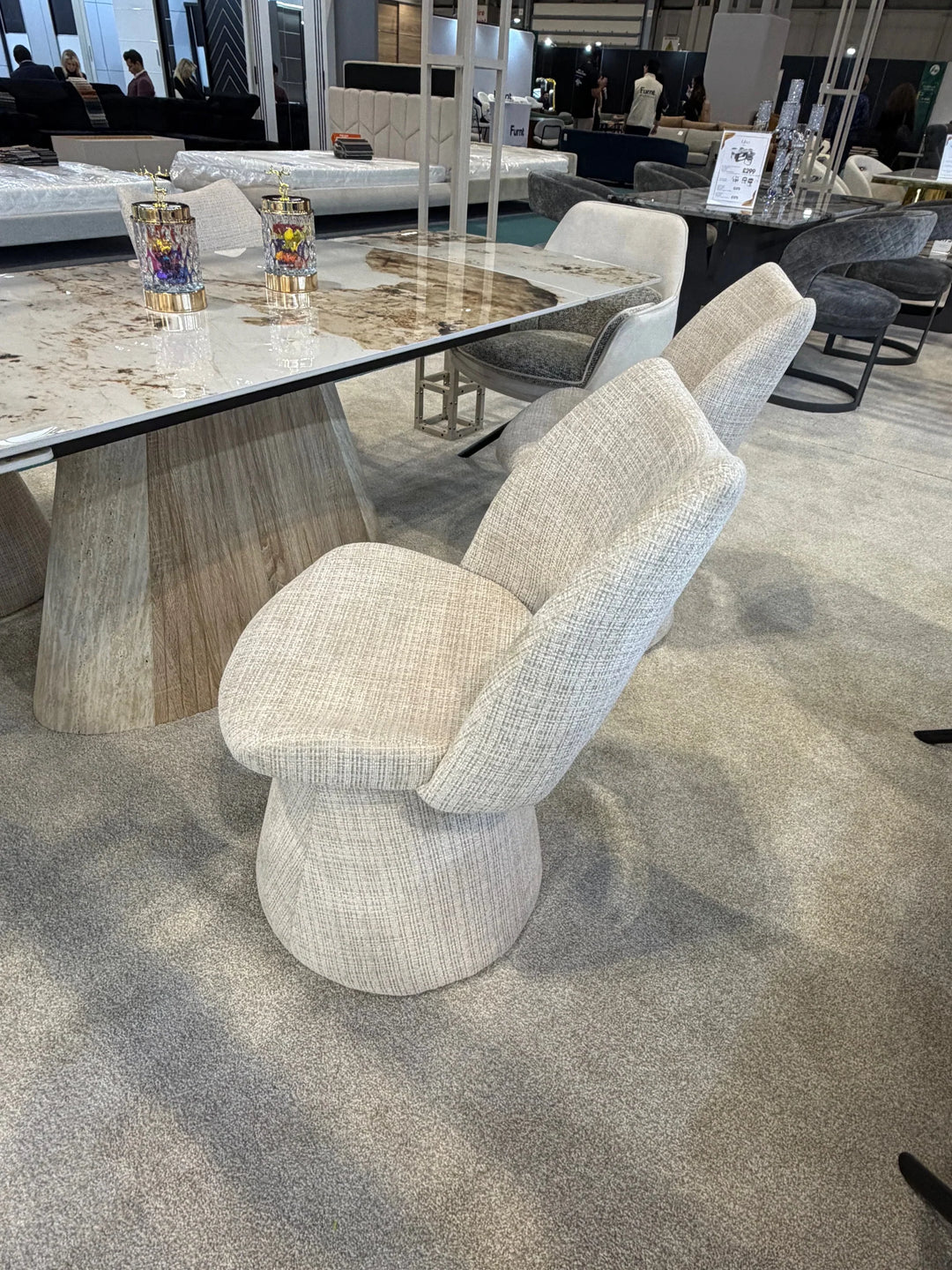 Sydney 160cm Cream Gold Ceramic Marble Dining Table With Maryland Beige 360 Swivel Velvet Dining Chairs
