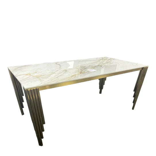 Mayfair 180CM Gold Marble Dining Table With Carlton Gold Velvet Dining Chairs