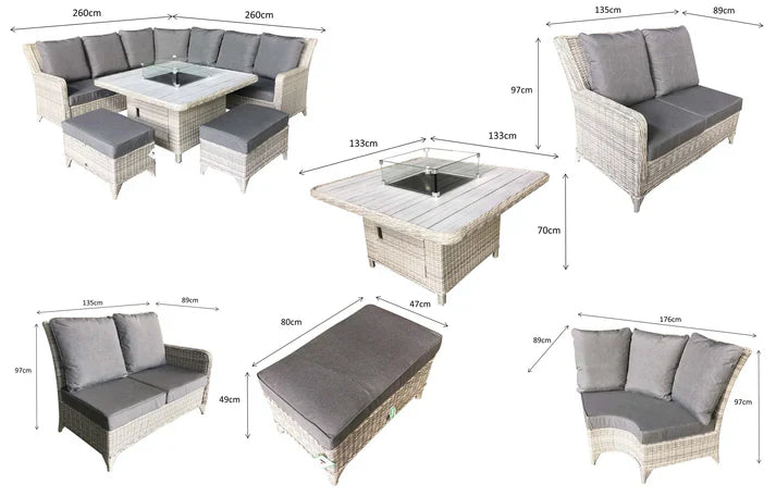 Megan Garden Large Corner Dining Set with Firepit in Cream and Grey