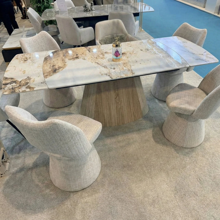 Monaco Pandora Beige 160-240cm Extending Ceramic Marble Dining Table With Beige Velvet 360 Swivel Chairs