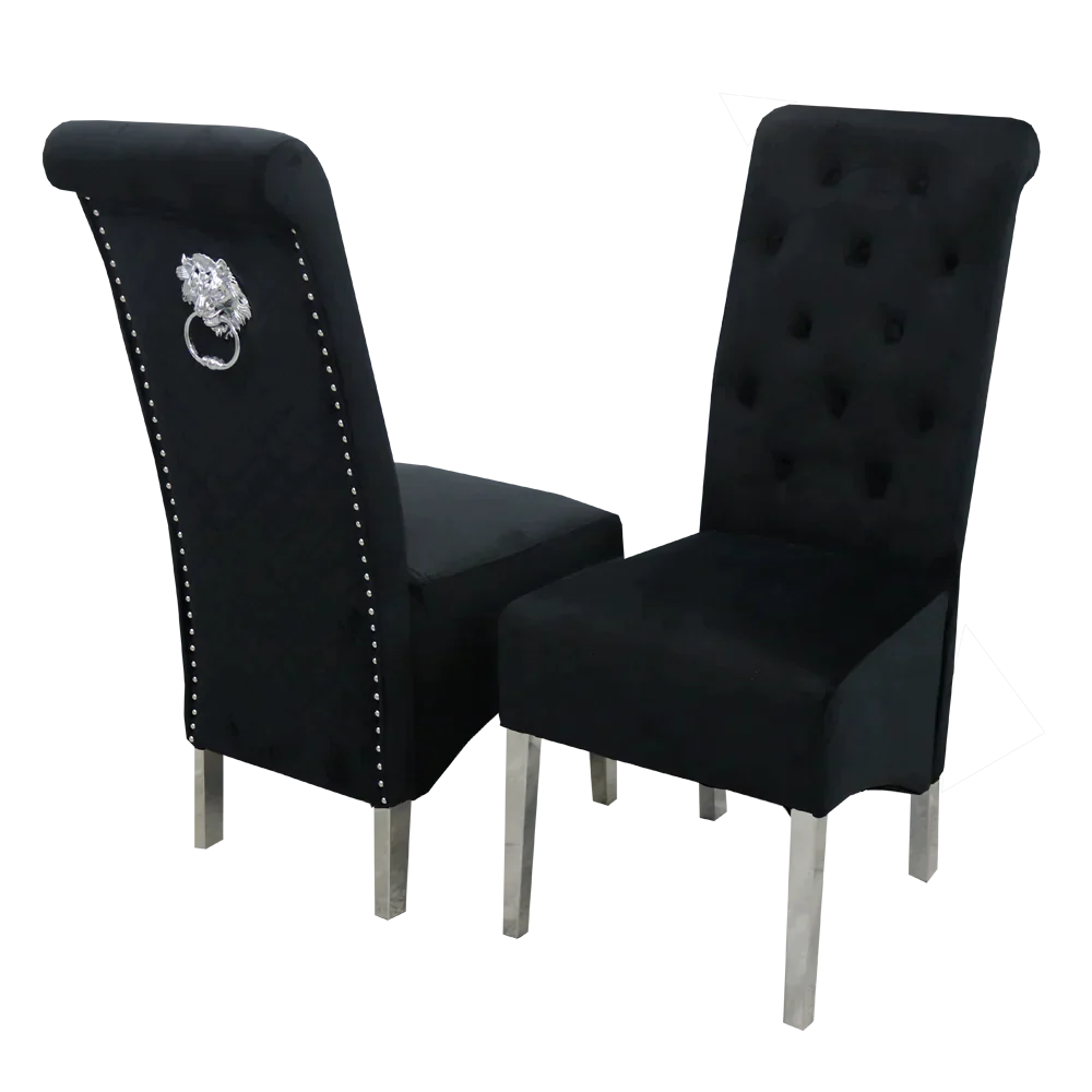 Louis 160CM Marble & Chrome Dining Table With Lucy Slim Quilted Lion Knocker Velvet Chairs