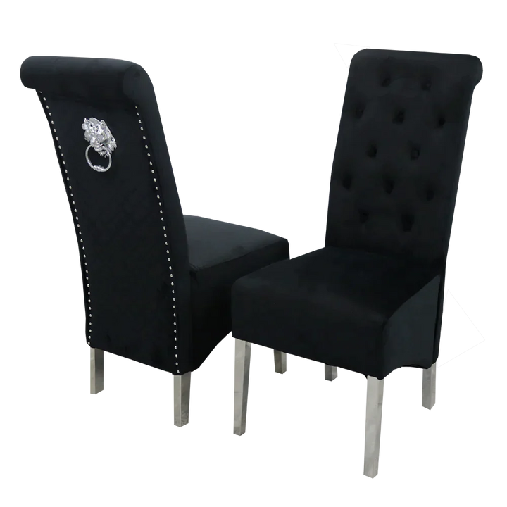 Louis 160CM Marble & Chrome Dining Table With Lucy Slim Quilted Lion Knocker Velvet Chairs