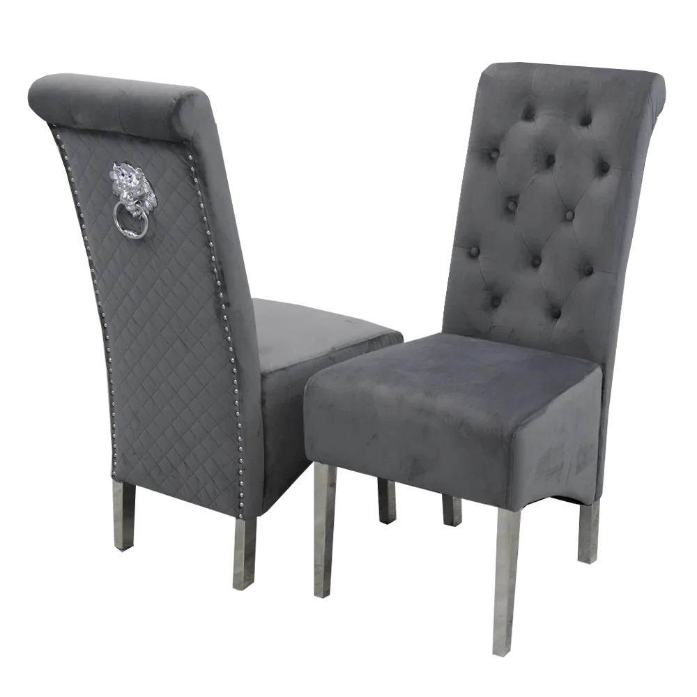 Arial Marble & Chrome Dining Table With Lucy Slim Quilted Lion Knocker Velvet Chairs