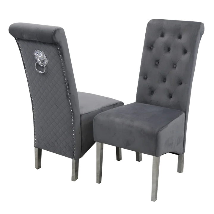 Arianna Marble & Chrome Dining Table With Lucy Slim Quilted Lion Knocker Velvet Chairs