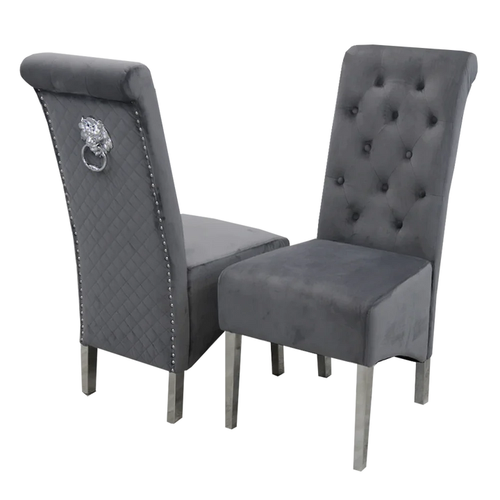 Sophia Grey French Velvet Lion Knocker Quilted Dining Chair With Chrome Legs-Esme Furnishings