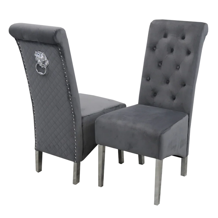 Sophia Grey French Velvet Lion Knocker Quilted Dining Chair With Chrome Legs-Esme Furnishings