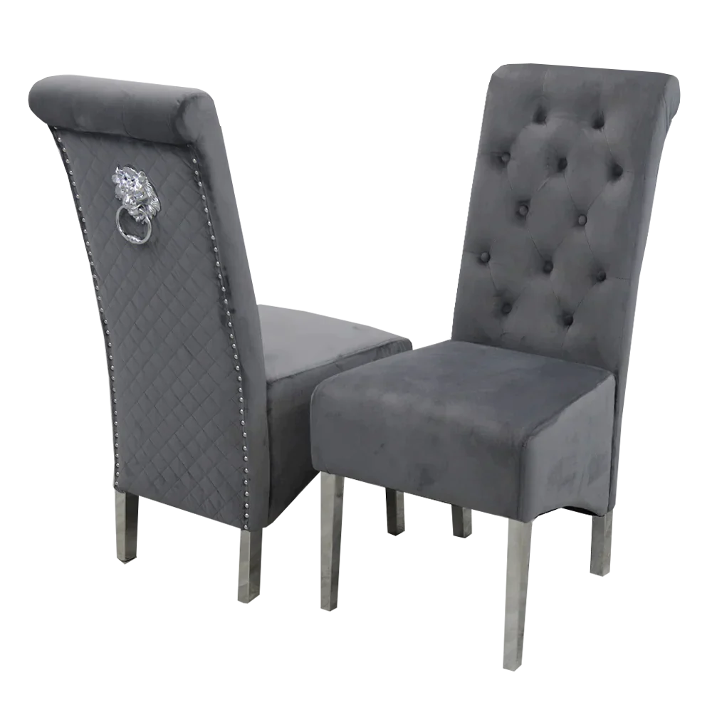 Louis 120CM Marble & Chrome Dining Table With Lucy Slim Quilted Lion Knocker Velvet Chairs