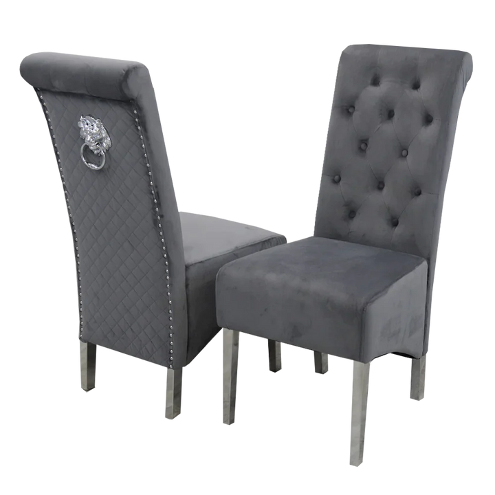 Arial 150cm Marble & Chrome Dining Table With Lucy Slim Quilted Lion Knocker Velvet Chairs