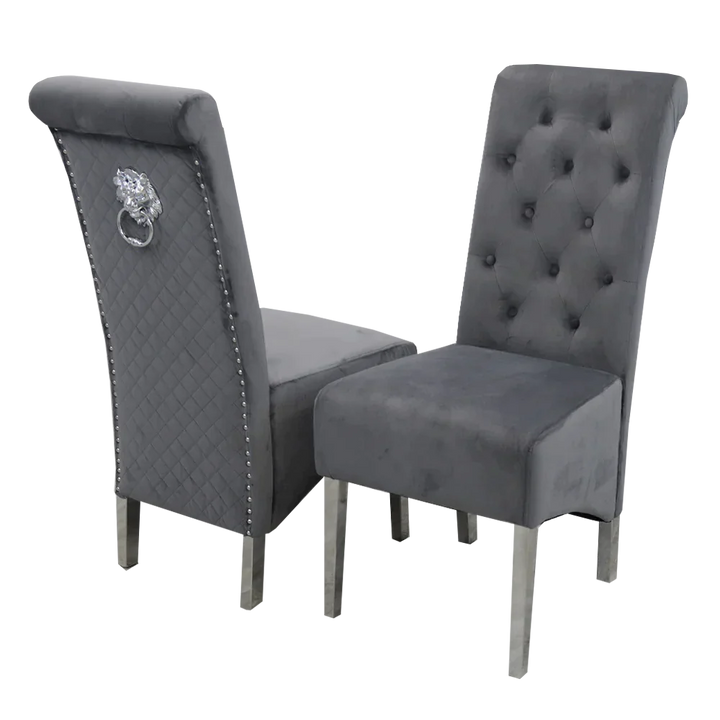 Louis 160CM Marble & Chrome Dining Table With Lucy Slim Quilted Lion Knocker Velvet Chairs
