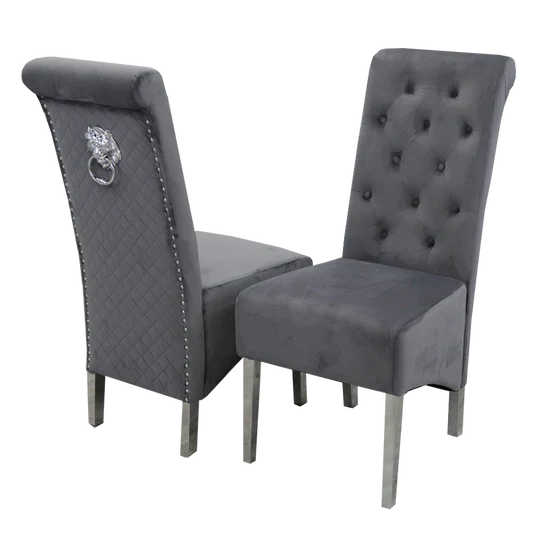 Elina 180cm Marble & Chrome Dining Table With Lucy Quilted Lion Knocker Velvet Chrome Chairs