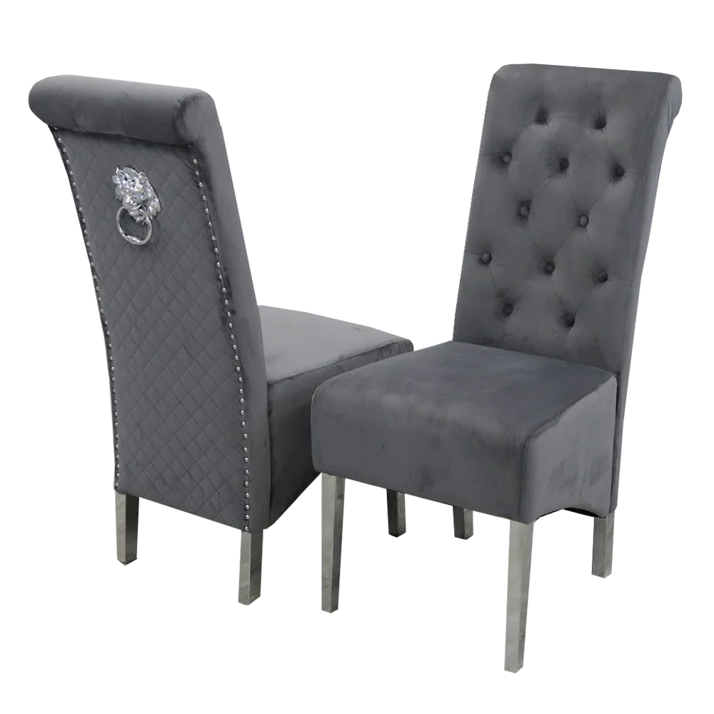 Louis 130cm Marble Round Dining Table + Lucy Slim Quilted Lion Dining Chairs