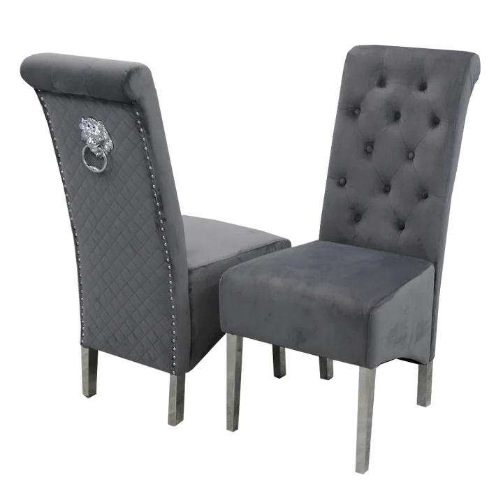 Louis 130cm Marble Round Dining Table + Lucy Slim Quilted Lion Dining Chairs