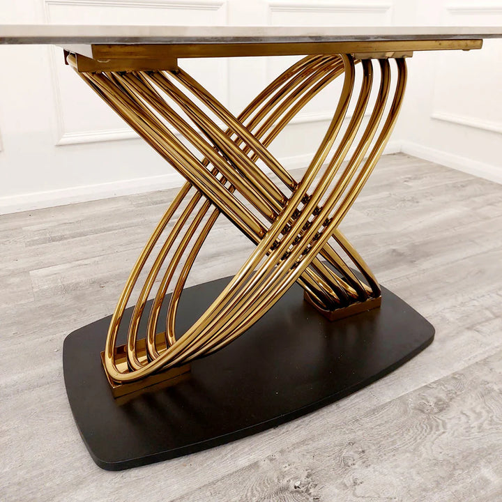 Orion 180cm White/Gold Dining Table With Victoria Lion Knocker Velvet Gold Chairs