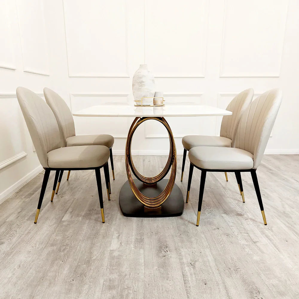 Orion Gold 180cm Dining Table with Polar White Sintered Stone Top + Etta Beige PU Leather Dining Chairs-Esme Furnishings