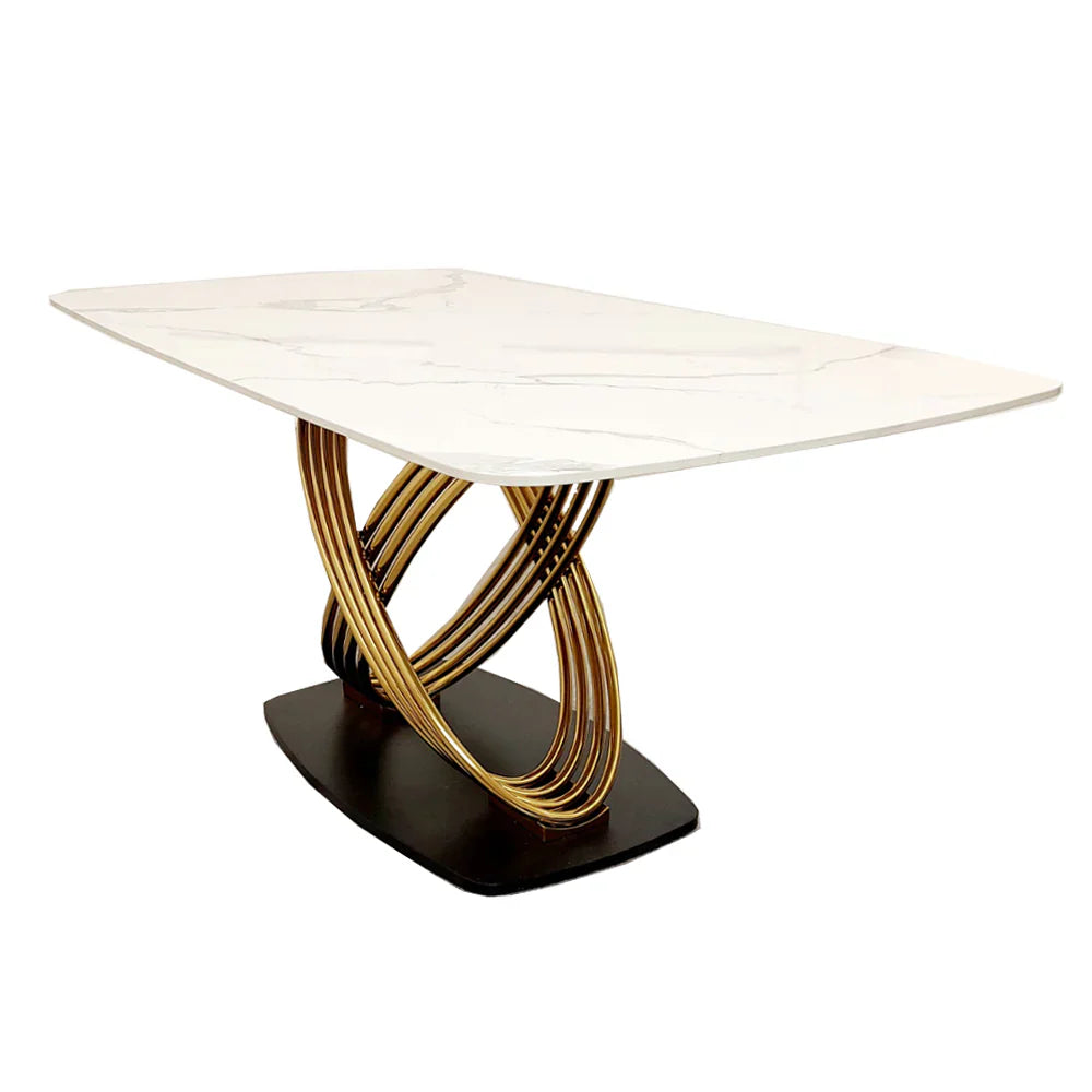 Orion 180cm White/Gold Dining Table With Victoria Lion Knocker Velvet Gold Chairs