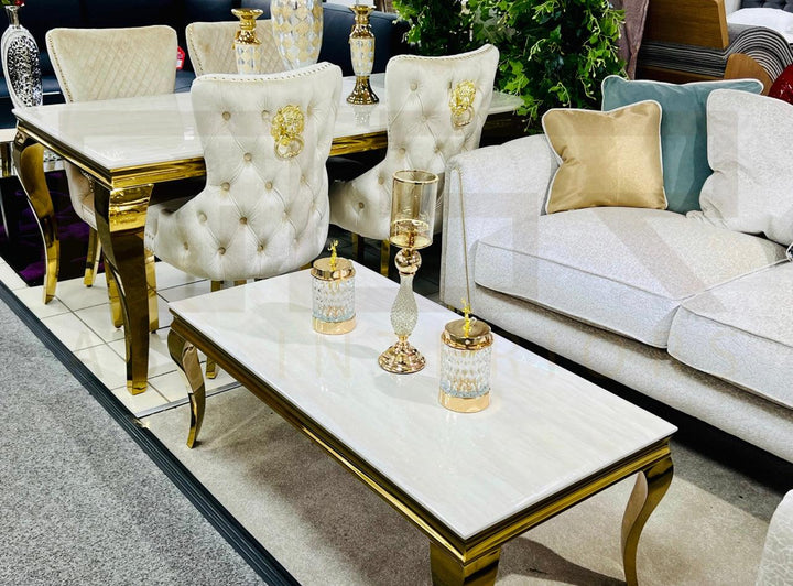 Louis 160cm Cream & Gold Marble Dining Table + Valente Cream Gold Lion Knocker Velvet Chairs-Esme Furnishings
