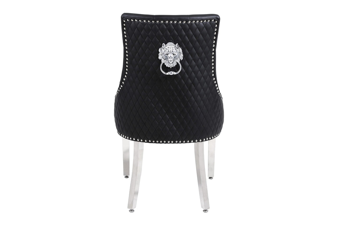 Louis Marble & Chrome Dining Table With PU Leather Chrome Lion Quilted Knocker Chairs