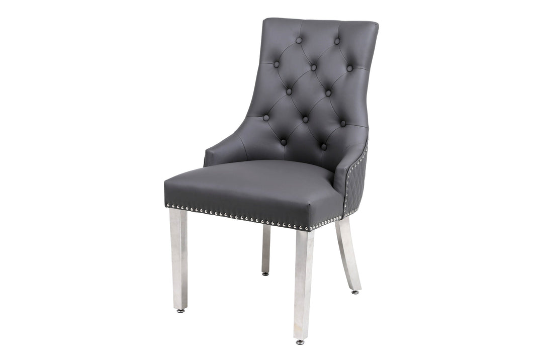 Arianna Marble & Chrome Dining Table With Leather Quilted Lion Knocker PU Leather Chairs