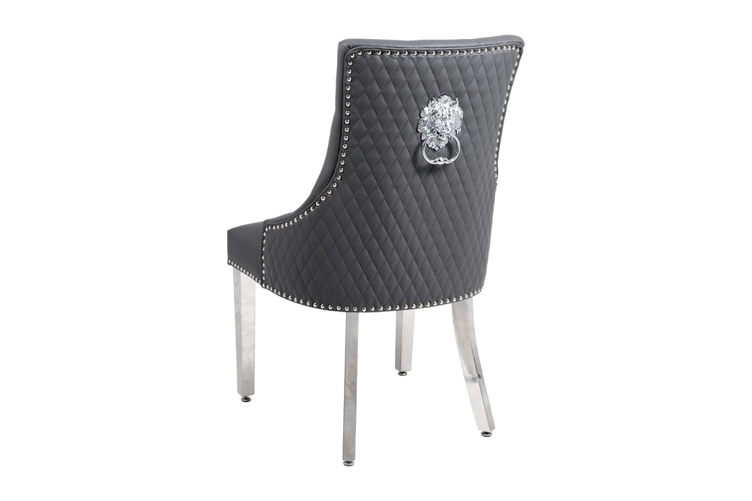 Louis Marble & Chrome Dining Table With Grey Quilted Lion Knocker PU Leather Chairs & Majestic 140cm Grey Bench PU Leather