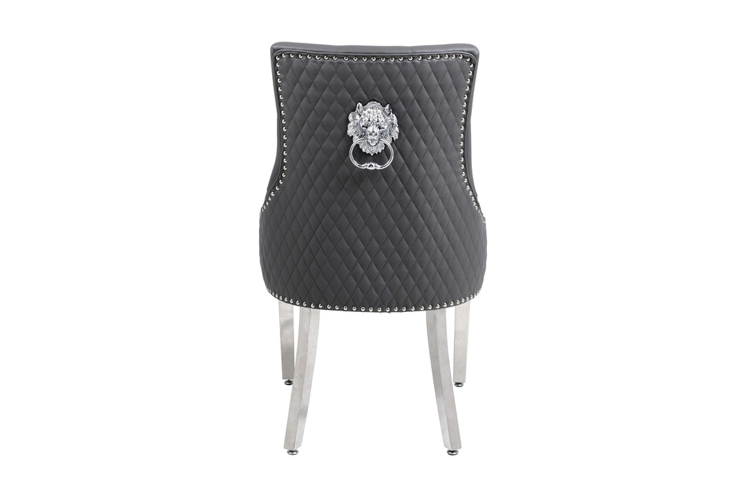 Elina 180cm Grey Marble & Chrome Dining Table + Majestic PU Leather Lion Knocker Dining Chairs