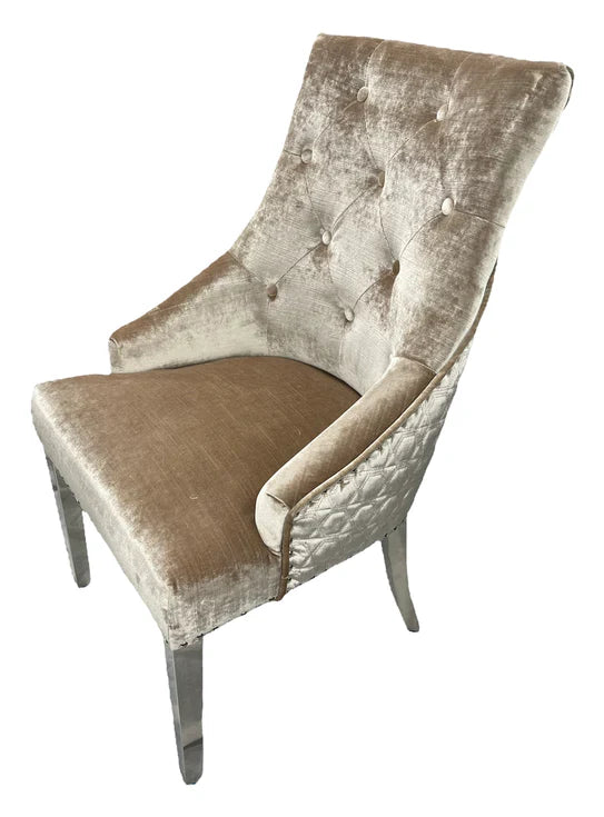 Louis Marble & Chrome Dining Table With Shimmer Chrome Lion Knocker Chairs