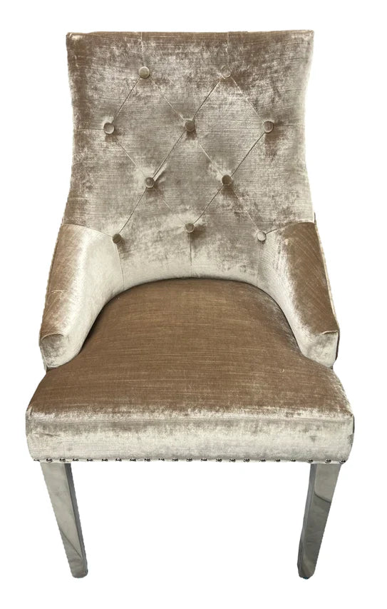 Majestic Chrome Lion Knocker Quilted Tufted Shimmer Velvet Dining Chair Chrome Legs - 2 Colours