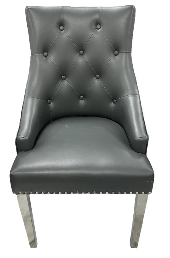 Roma Lion Knocker Quilted Tufted Shimmer Velvet/Leather Dining Chair Chrome Legs