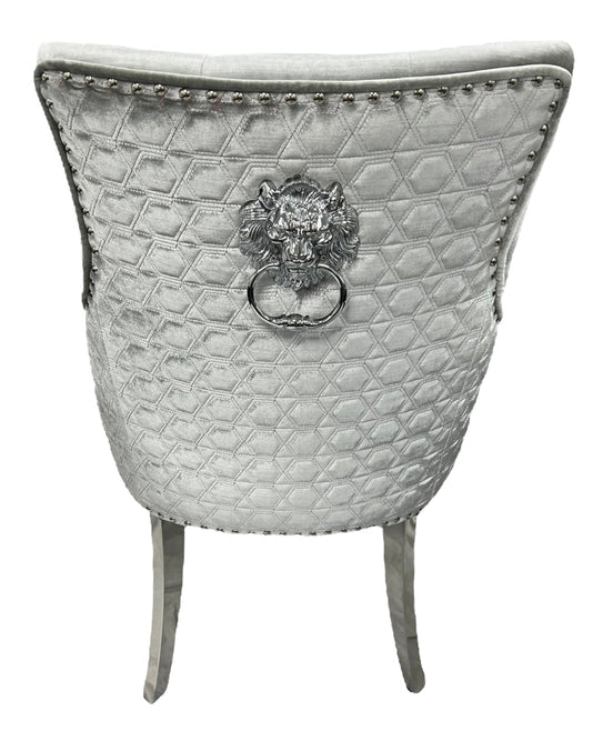 Louis Marble & Chrome Dining Table With Shimmer Chrome Lion Knocker Chairs