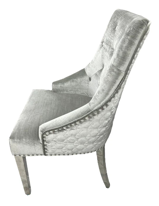 Louis Marble & Chrome Dining Table With Shimmer Chrome Lion Knocker Chairs